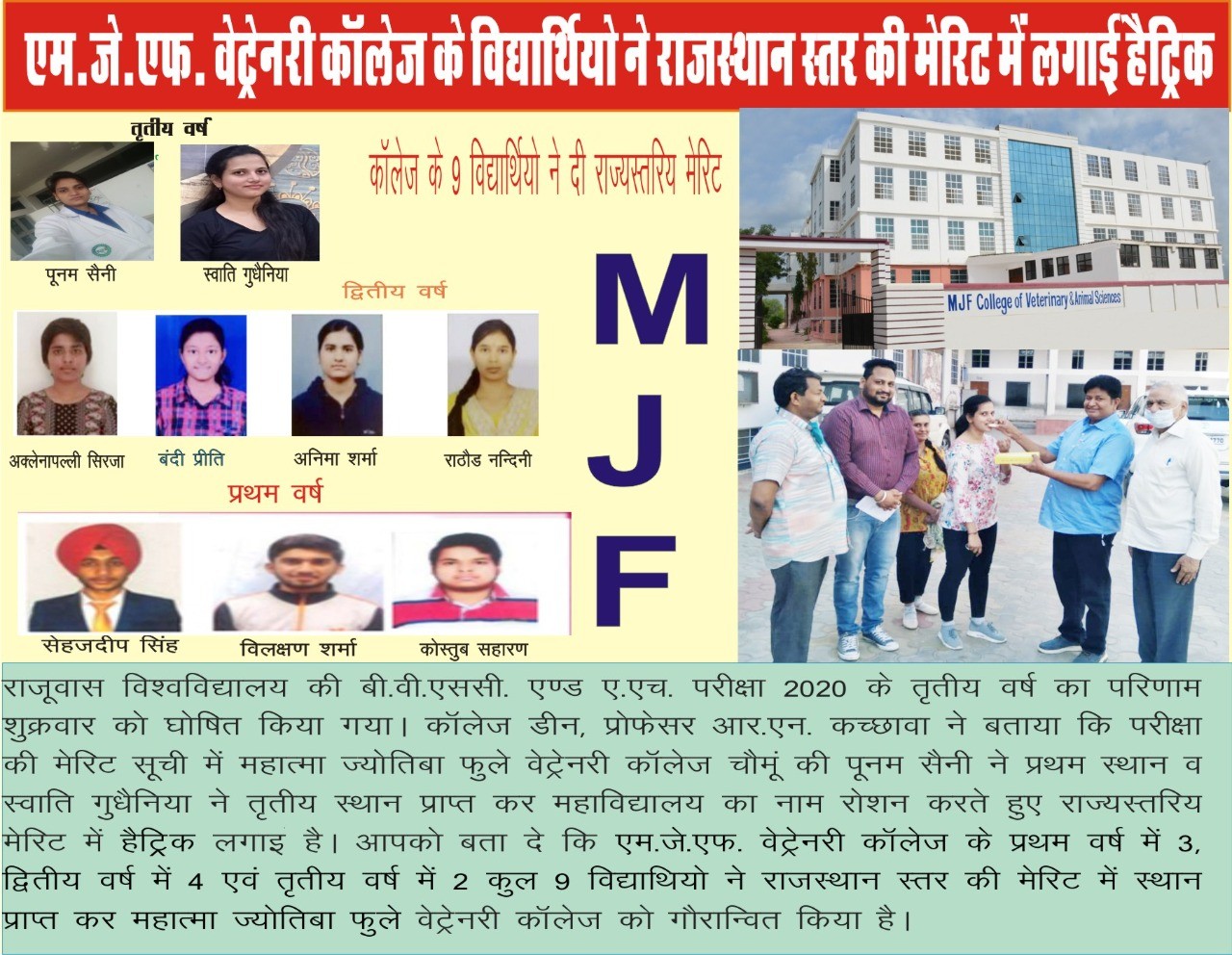 Congrachulations - MJFCVS students secure 09 Merit out of 15 in RAJUVAS -2021